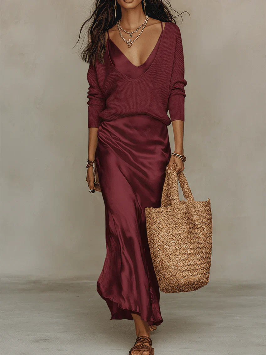 Carlotta | Abito Midi Satinato con Maglione Incluso