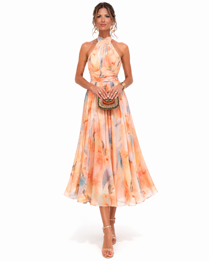 Adriana | Abito con Collo Halter e Stampa Acquerello