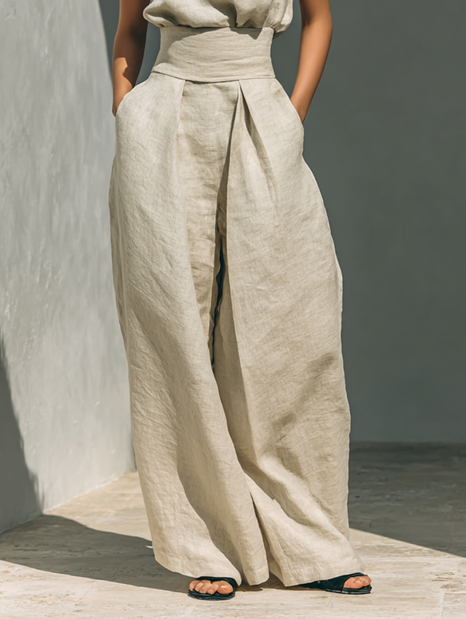 Set di Blusa Senza Maniche e Pantaloni a Gamba Larga in Cotone e Lino Minimalista per Donna