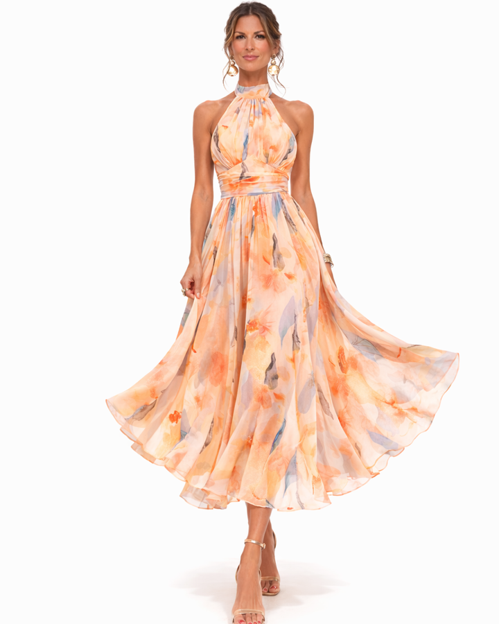 Adriana | Abito con Collo Halter e Stampa Acquerello