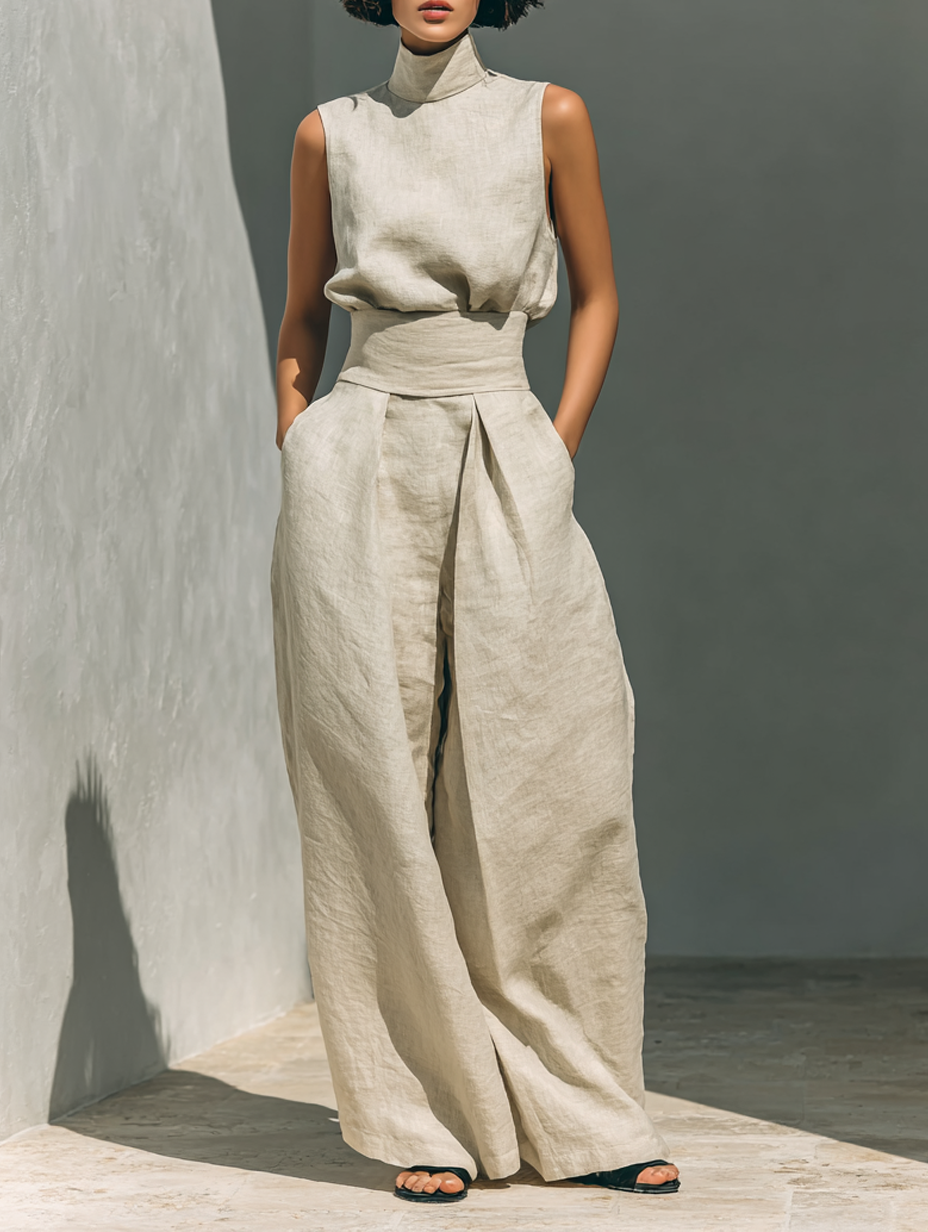 Set di Blusa Senza Maniche e Pantaloni a Gamba Larga in Cotone e Lino Minimalista per Donna