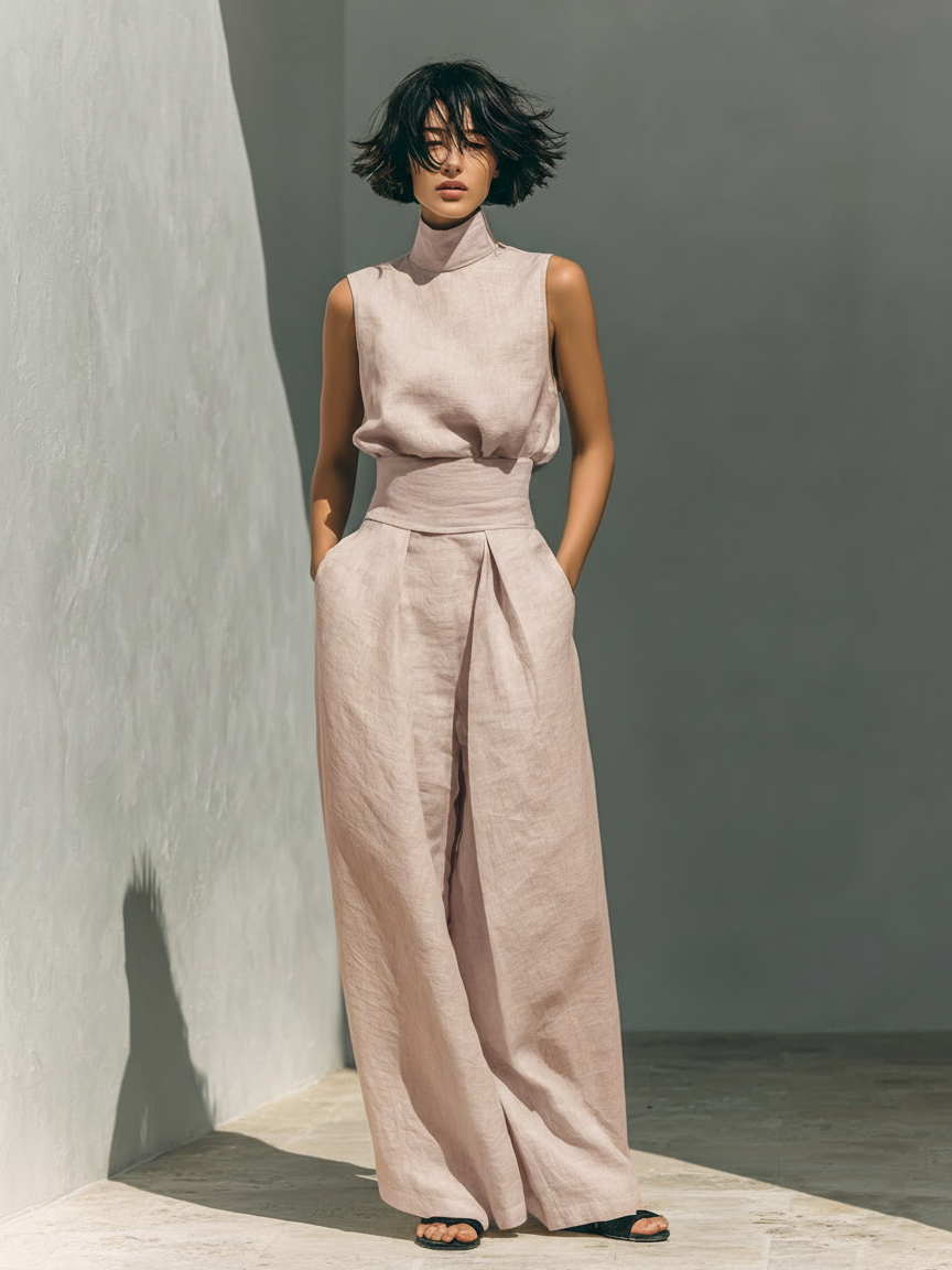 Set di Blusa Senza Maniche e Pantaloni a Gamba Larga in Cotone e Lino Minimalista per Donna