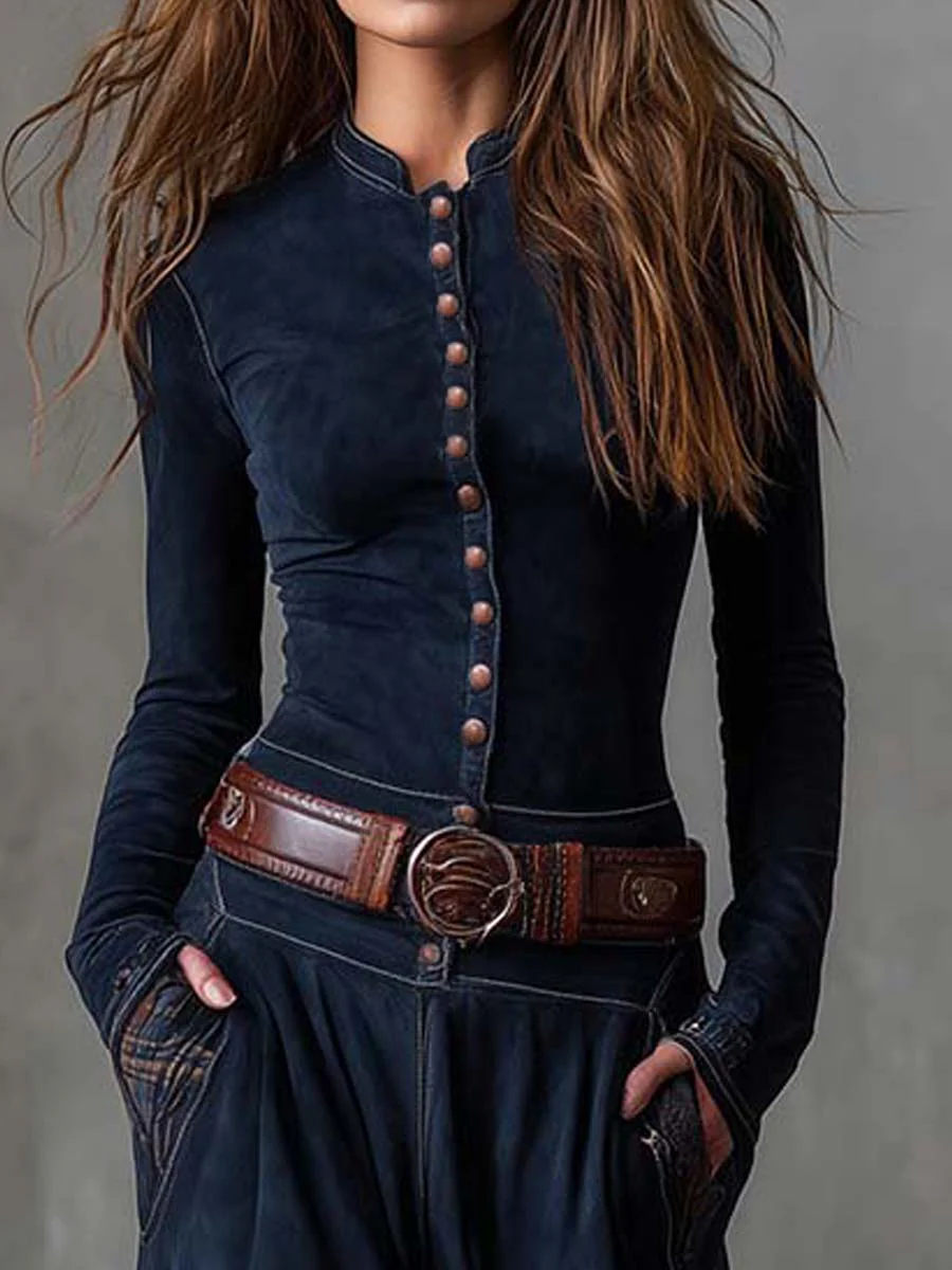 Alessia | Vestito lungo vintage in camoscio a quadri blu navy (Include Cintura)